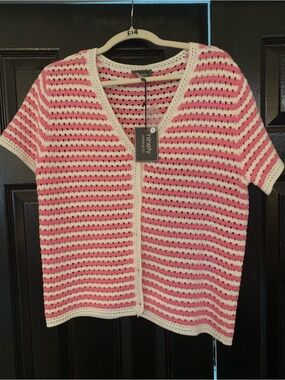 Ninety Clothing Co.  Crochet Stripe Open Cardigan - Pink & White